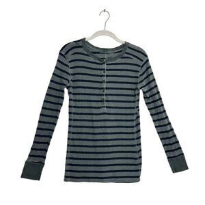 Stateside Women's Long Sleeve Stripe Henley Top in Gray / Blue - Sz M
